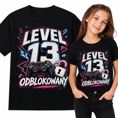 Koszulka dziewczęca „Level 13 odblokowany” - gamingowa na 13 urodziny