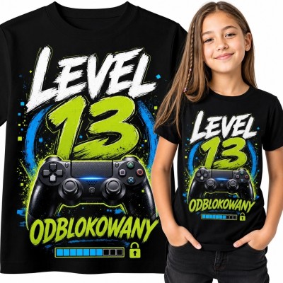 Koszulka dziewczęca gamingowa „Level 13 odblokowany” z kontrolerem - na 13 urodziny