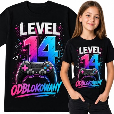 Koszulka dziewczęca na 14 urodziny „Level 14 odblokowany” - różowo-niebieska liczba i kontroler