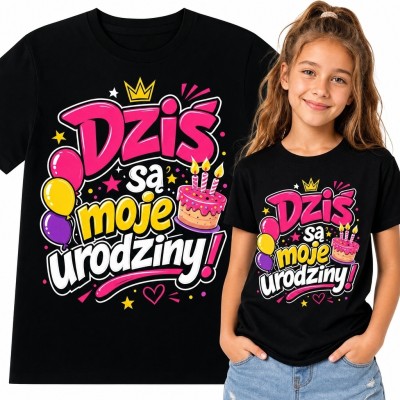 Koszulka dziewczęca na urodziny „Dziś są moje urodziny!” - tort, balony i korona