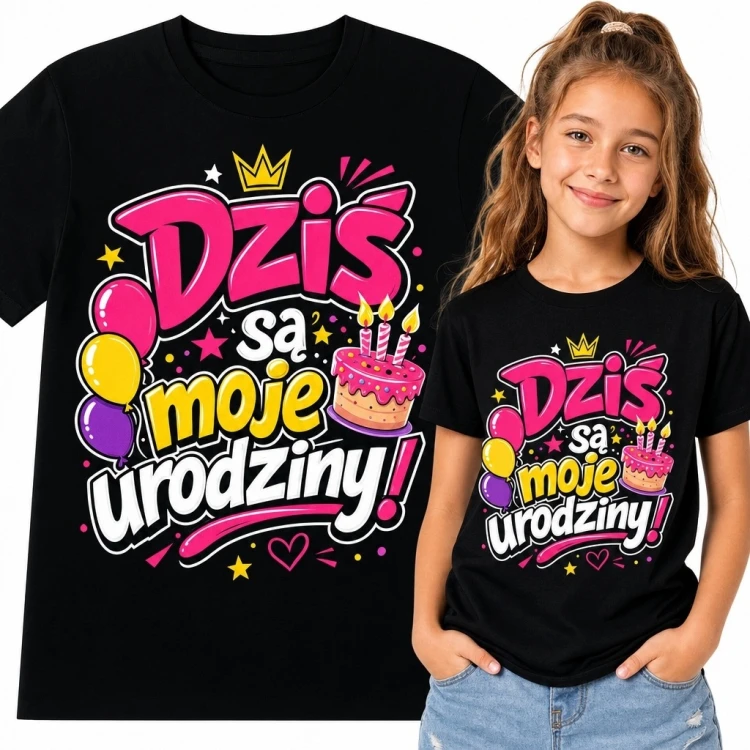 Koszulka dziewczęca na urodziny „Dziś są moje urodziny!” - tort, balony i korona