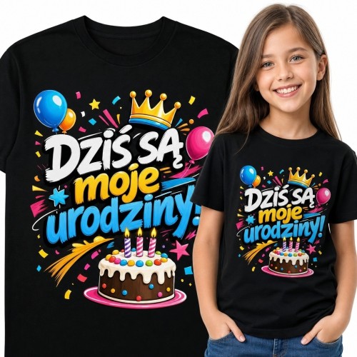 Koszulka dziewczęca na urodziny „Dziś są moje urodziny!” - tort i balony