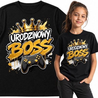 Koszulka dziewczęca gamingowa „Urodzinowy Boss” na urodziny - korona i kontroler