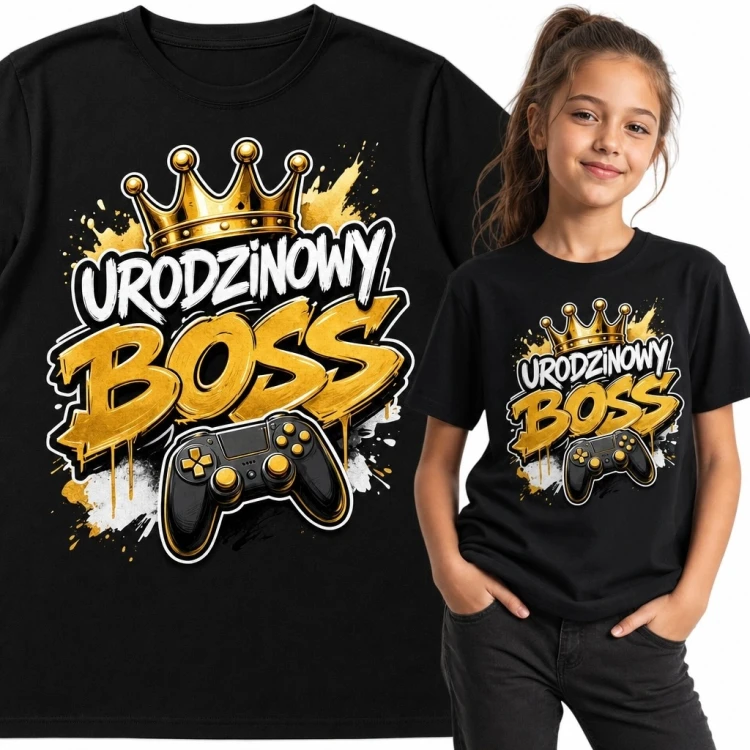 Koszulka dziewczęca gamingowa „Urodzinowy Boss” na urodziny - korona i kontroler