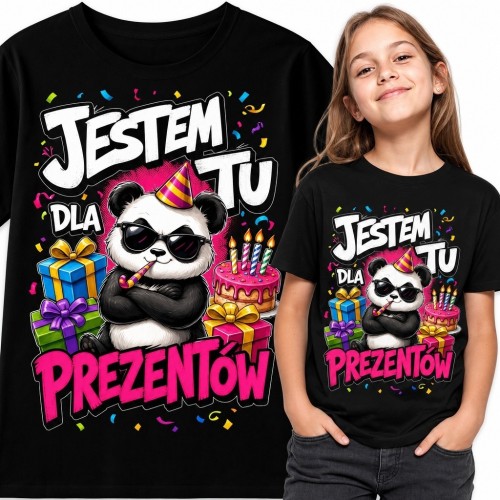 Koszulka dziewczęca na urodziny z pandą - „Jestem tu dla prezentów”