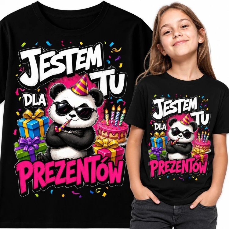 Koszulka dziewczęca na urodziny z pandą - „Jestem tu dla prezentów”