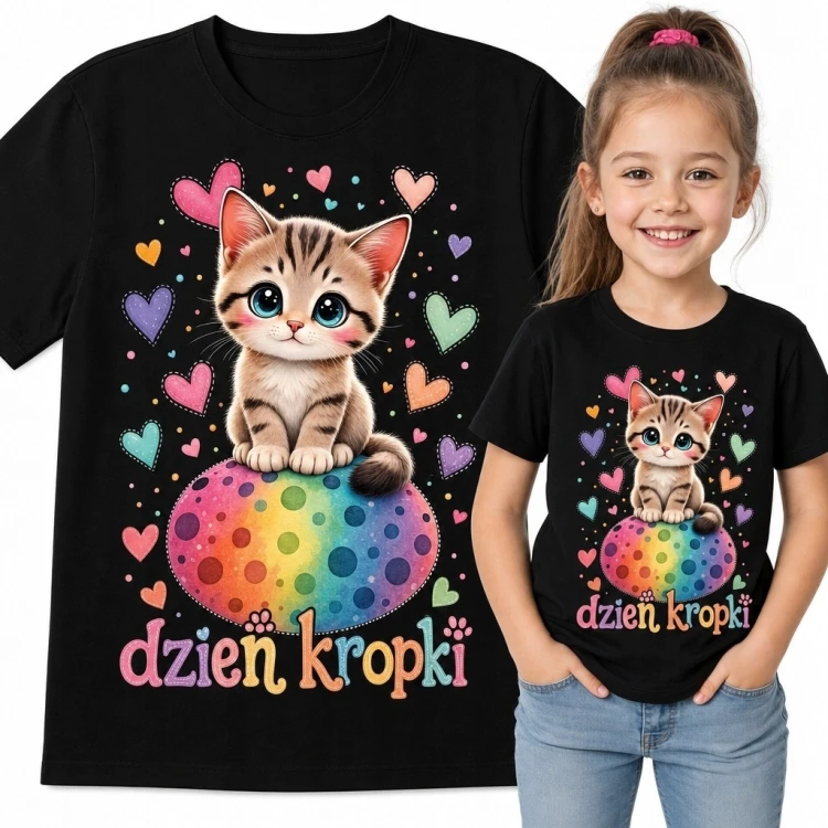 Koszulka dziewczęca na Dzień Kropki z kotkiem i napisem „Dzień kropki” - kolorowy wzór