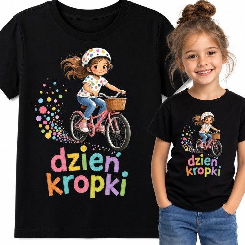 Koszulka dziewczęca na Dzień Kropki „dzień kropki” - kolorowa rowerzystka
