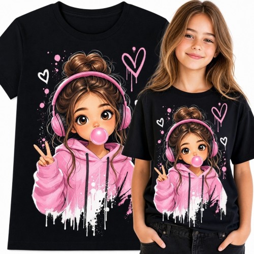 Koszulka dziewczęca z ilustracją fanki muzyki kawaii - różowe słuchawki i balon z gumy