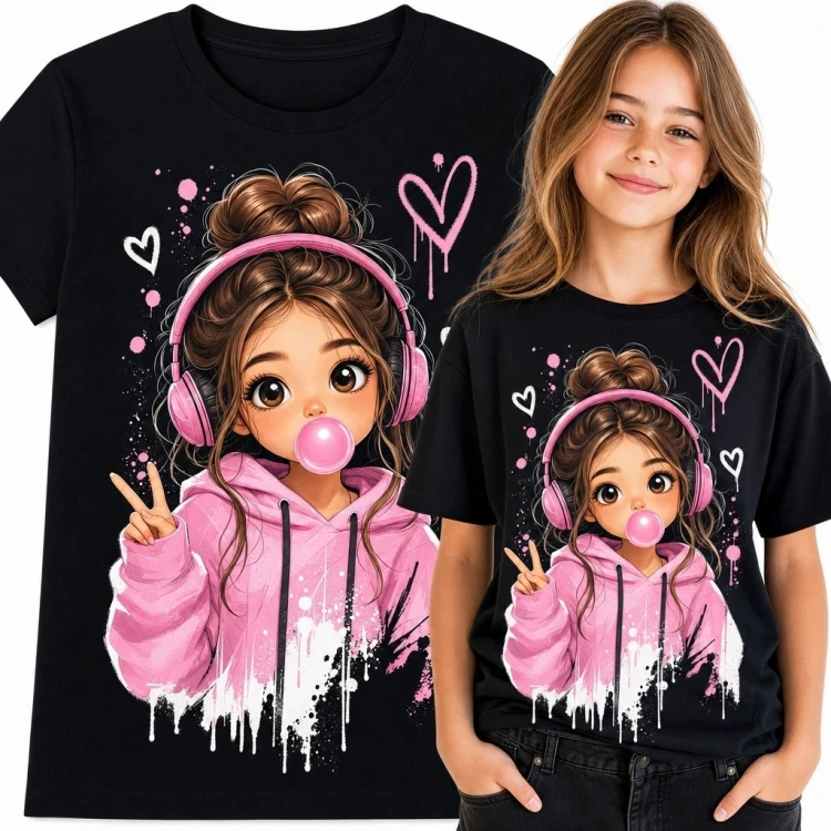 Koszulka dziewczęca z ilustracją fanki muzyki kawaii - różowe słuchawki i balon z gumy