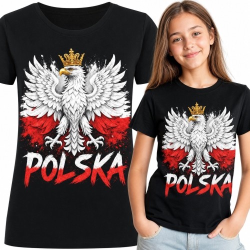 Koszulka dziewczęca z białym orłem i napisem „POLSKA” - czerwone tło z malarskimi rozpryskami