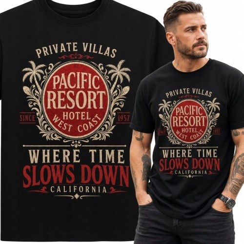 Koszulka męska z retro emblematem kalifornijskiego resortu „Where Time Slows Down”
