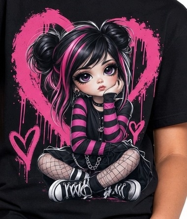 Koszulka dziewczęca z gotycką dziewczyną anime - różowe serce graffiti