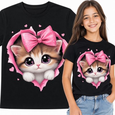 Koszulka dziewczęca z kotkiem kawaii - różowe serce i kokarda