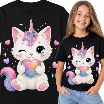 Koszulka dziewczęca z kotkiem-jednorożcem i tęczowym sercem - pastelowy motyw kawaii
