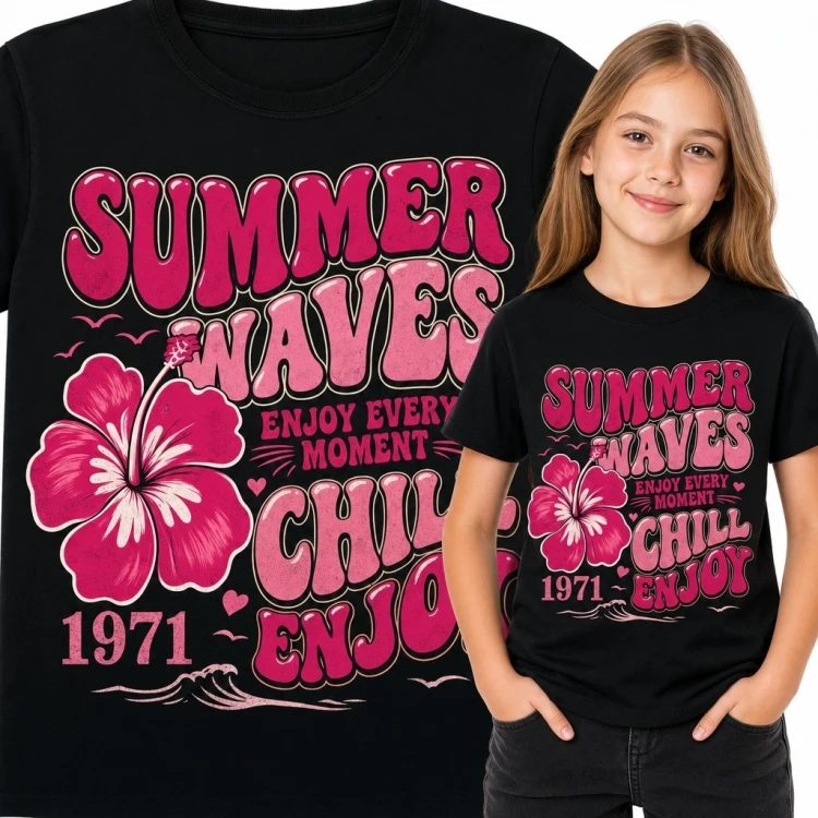 Koszulka dziewczęca „Summer Waves” z hibiskusem - wakacyjny wzór retro
