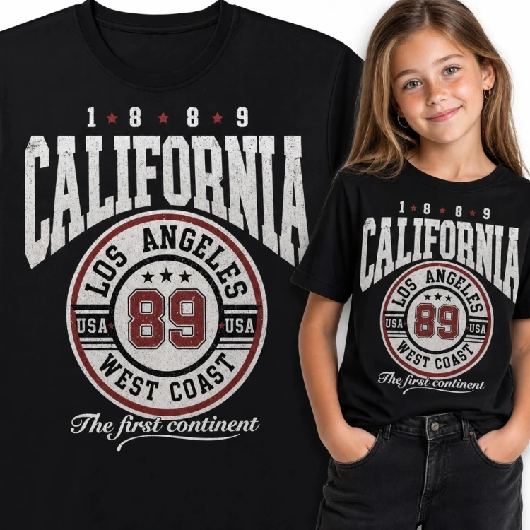 Koszulka dziewczęca „California” z emblematem Los Angeles i numerem 89 - styl college retro