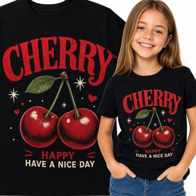 Koszulka dziewczęca z wiśniami „Cherry” - owocowy wzór retro