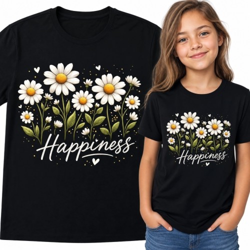 Koszulka dziewczęca ze stokrotkami i napisem „Happiness”