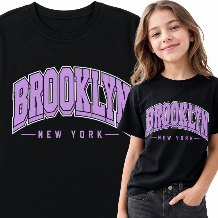 Koszulka dziewczęca z napisami „Brooklyn” i „New York” - miejski styl collegiate