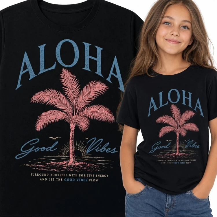 Koszulka dziewczęca z różową palmą i napisem „Aloha” - wakacyjny wzór