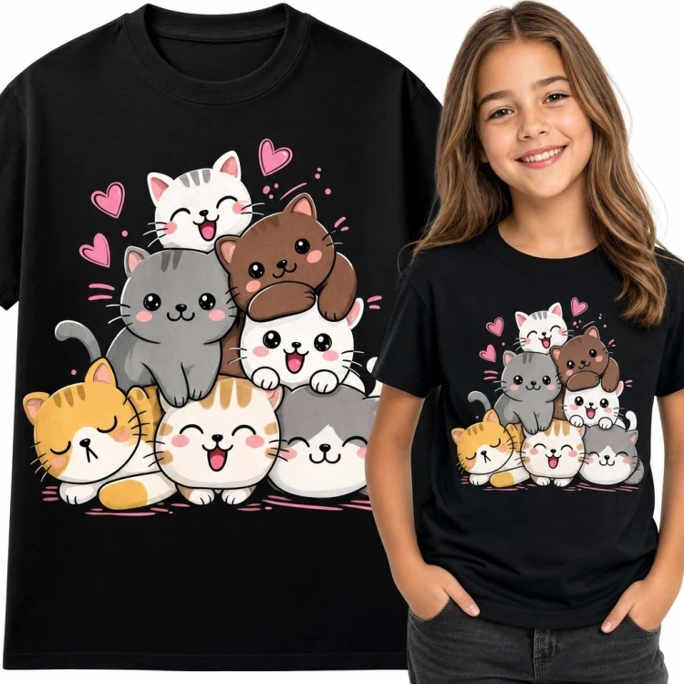 Koszulka dziewczęca z siedmioma kotami kawaii - różowe serca