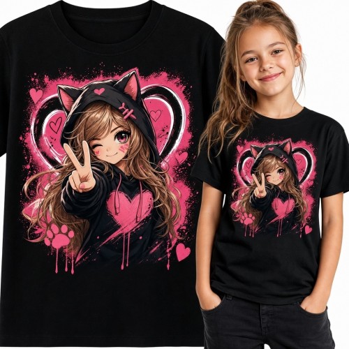 Koszulka dziewczęca z dziewczyną anime w kocim kapturze - kawaii