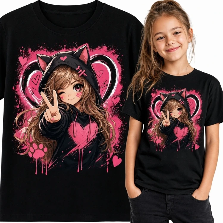 Koszulka dziewczęca z dziewczyną anime w kocim kapturze - kawaii