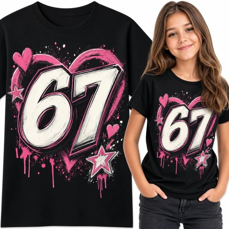 Koszulka dziewczęca z numerem „67” - różowe graffiti, serca i gwiazdy