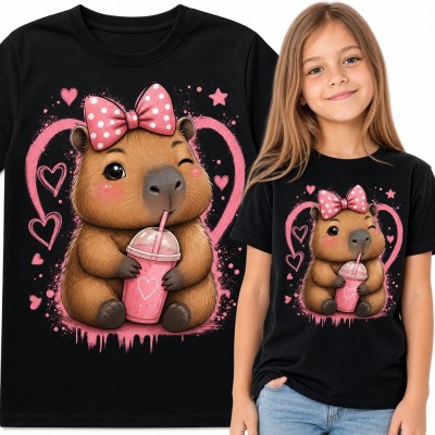 Koszulka dziewczęca z kapibarą kawaii - różowa kokarda i serca