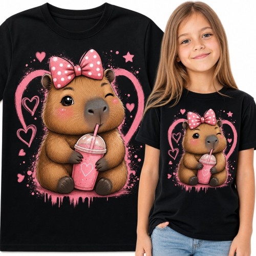 Koszulka dziewczęca z kapibarą kawaii - różowa kokarda i serca