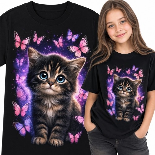 Koszulka dziewczęca z pręgowanym kociakiem, motylami i kosmiczną poświatą