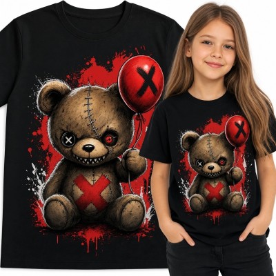 Koszulka dziewczęca z mrocznym misiem i czerwonym balonem - creepy-cute
