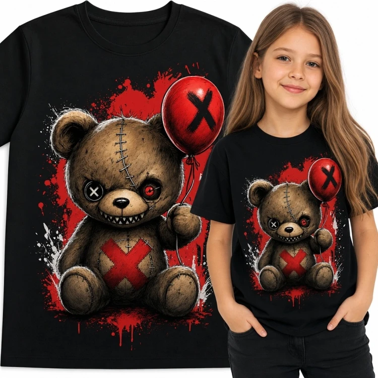 Koszulka dziewczęca z mrocznym misiem i czerwonym balonem - creepy-cute
