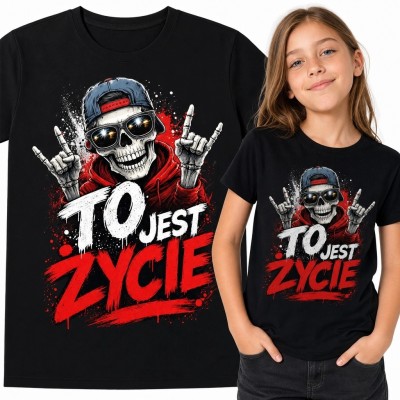 Czarna koszulka dziewczęca z rockowym szkieletem i napisem „To jest życie” - czaszka i gest rogów