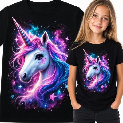 Koszulka dziewczęca z jednorożcem na tle kosmicznej mgławicy - neonowy motyw fantasy