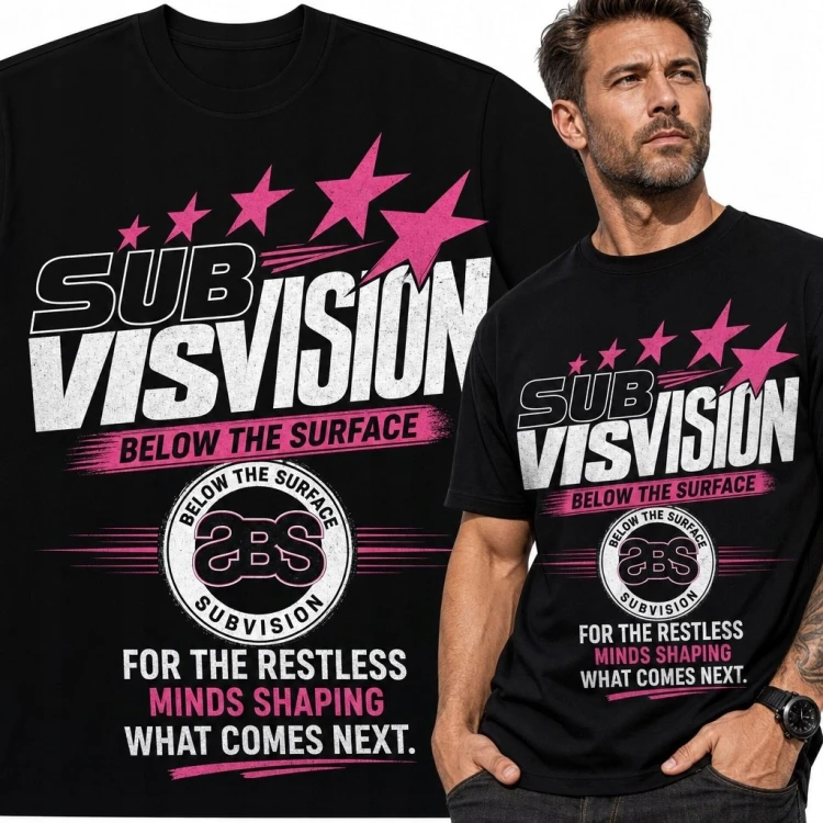 Koszulka męska streetwearowa „Sub Vision” z różowymi gwiazdami - typograficzny nadruk