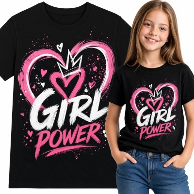 Koszulka dziewczęca „Girl Power” z sercami i koroną - graffiti
