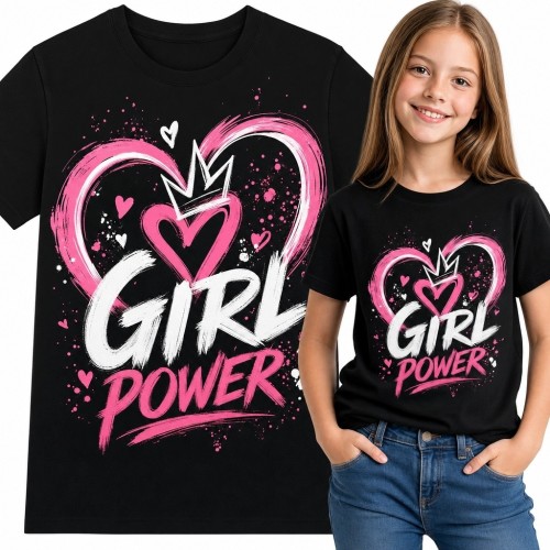 Koszulka dziewczęca „Girl Power” z sercami i koroną - graffiti
