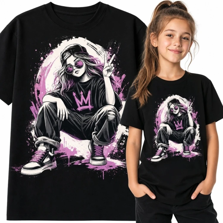 Koszulka dziewczęca z dziewczyną w stylu streetwear - czarno-różowe graffiti