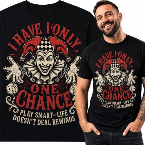 Koszulka męska z mrocznym błaznem „I Have Only One Chance” - motyw kości do gry