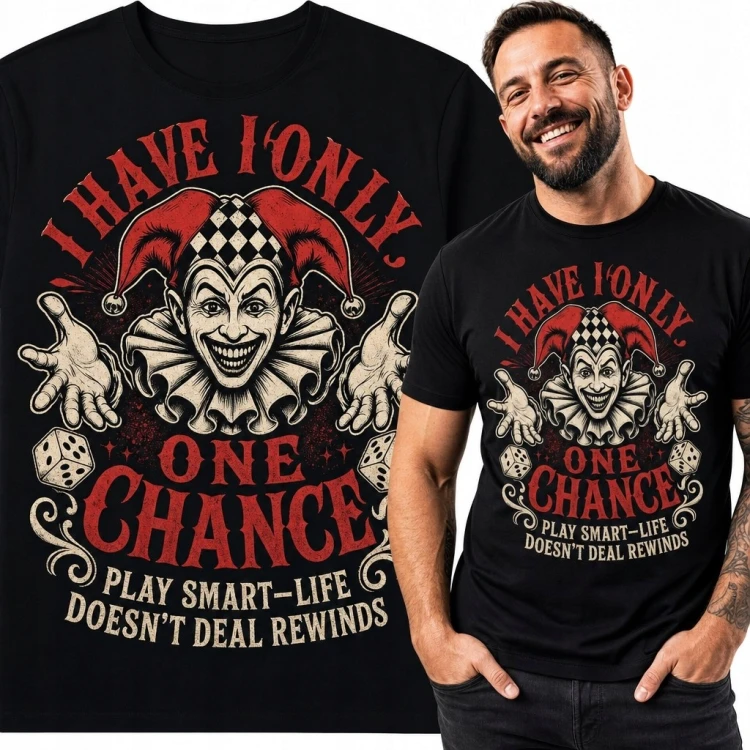 Koszulka męska z mrocznym błaznem „I Have Only One Chance” - motyw kości do gry