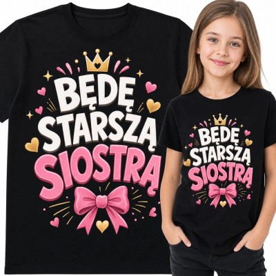 Koszulka dziewczęca „Będę starszą siostrą” z koroną i różową kokardą