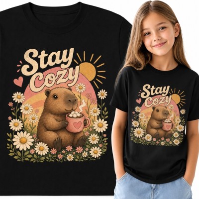 Koszulka dziewczęca z kapibarą i kubkiem „Stay Cozy” - kwiatowy motyw retro