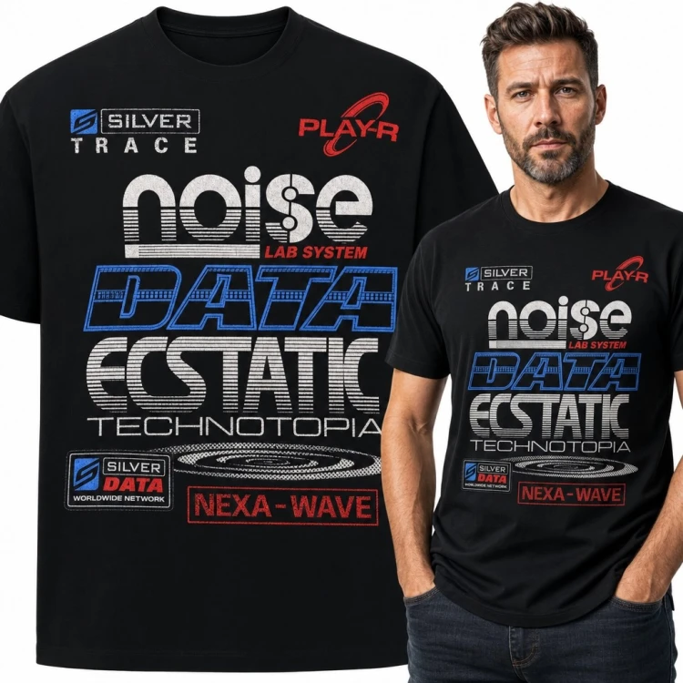 Koszulka męska techno „Noise Data Ecstatic” - retrofuturystyczny nadruk