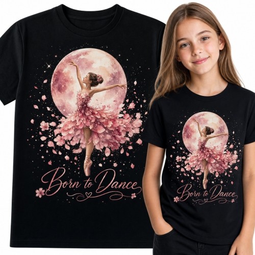 Koszulka dziewczęca z baletnicą i napisem „Born to Dance” - różowy księżyc i kwiaty