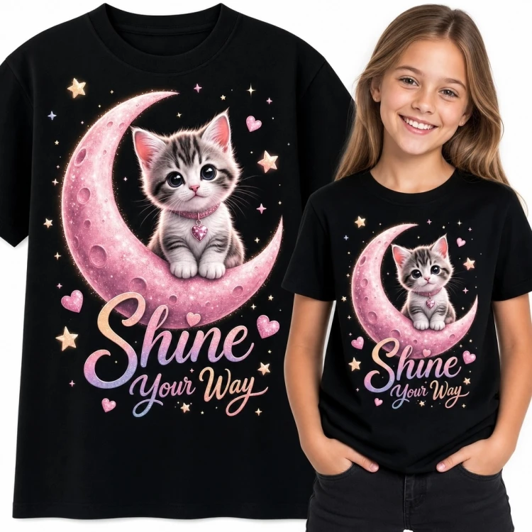 Koszulka dziewczęca z kotkiem na różowym księżycu „Shine Your Way”