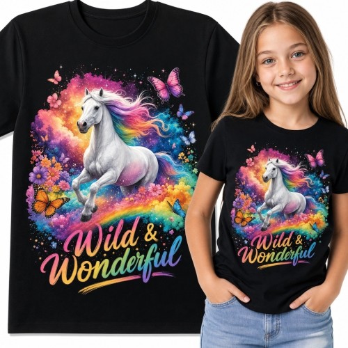 Koszulka dziewczęca „Wild &amp; Wonderful” - biały koń z tęczową grzywą