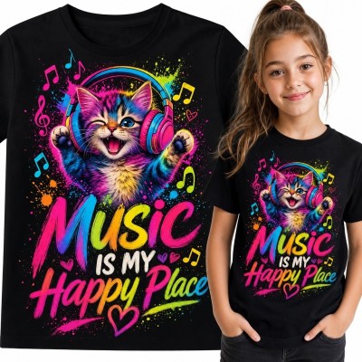 Koszulka dziewczęca z kotem w słuchawkach „Music Is My Happy Place” - neonowy wzór muzyczny