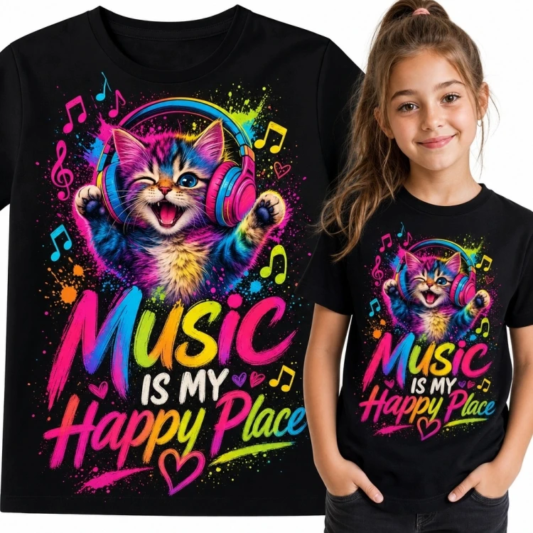 Koszulka dziewczęca z kotem w słuchawkach „Music Is My Happy Place” - neonowy wzór muzyczny